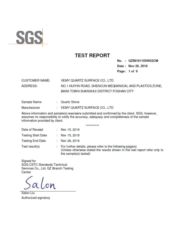 Avant Quartz. SGS test certificate